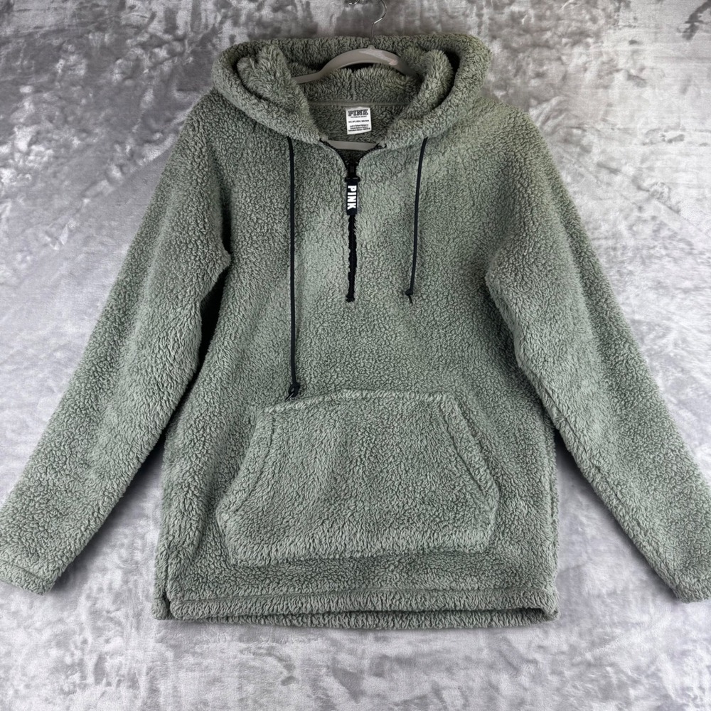 Pink Hoodie Women XS Green Sherpa Fleece Quarter Zip Pullover (1505)
